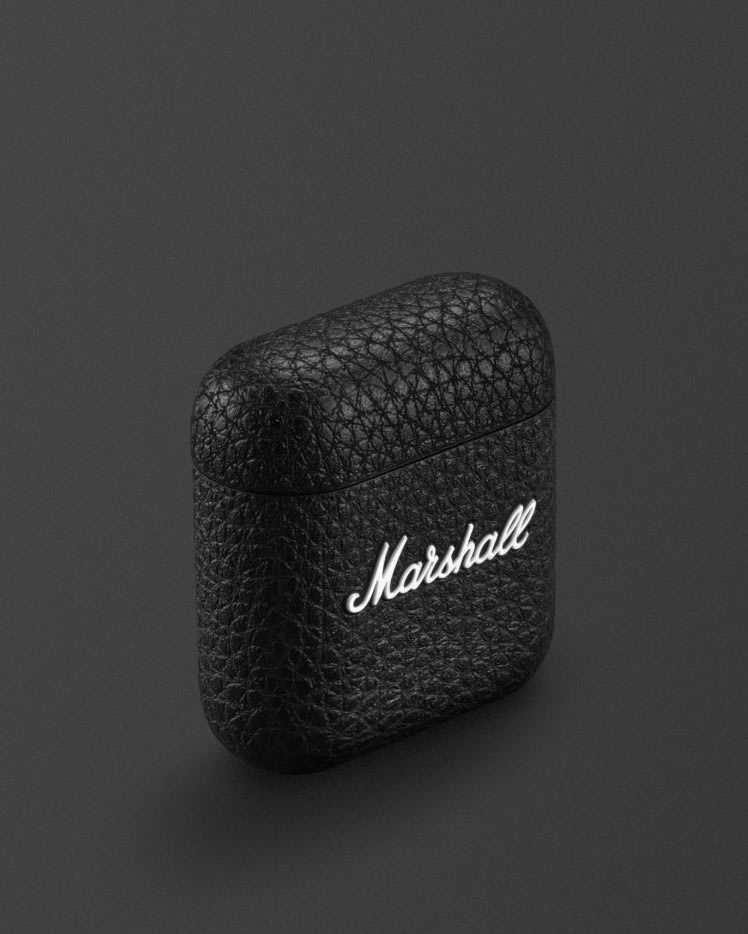 Marshall Minor IV Charging Case in Black, set against a dark background.