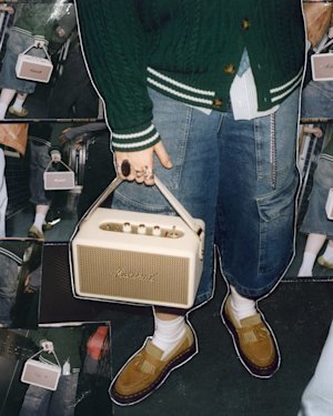 A collage of two friends carrying the Marshall Kilburn 2 around