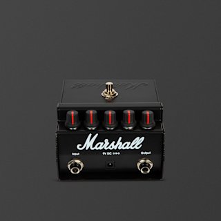 A black Marshall Drivemaster guitar effects pedal with five control knobs, input and output jacks, a power switch, and a white logo on a plain dark background.
