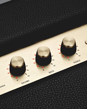 The volume, bass and treble knobs on top of a Woburn II Bluetooth speaker.