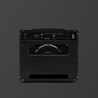 A black Marshall DSL5 guitar amplifier combo viewed from the back, showing the speaker, power input, and control panel, against a plain dark background.