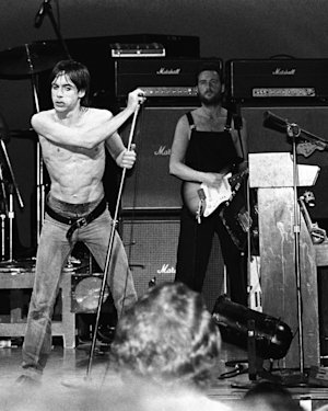 Black and White photo of Bowie and Iggy Pop playing and using Marshall amplifiers in the seventies.