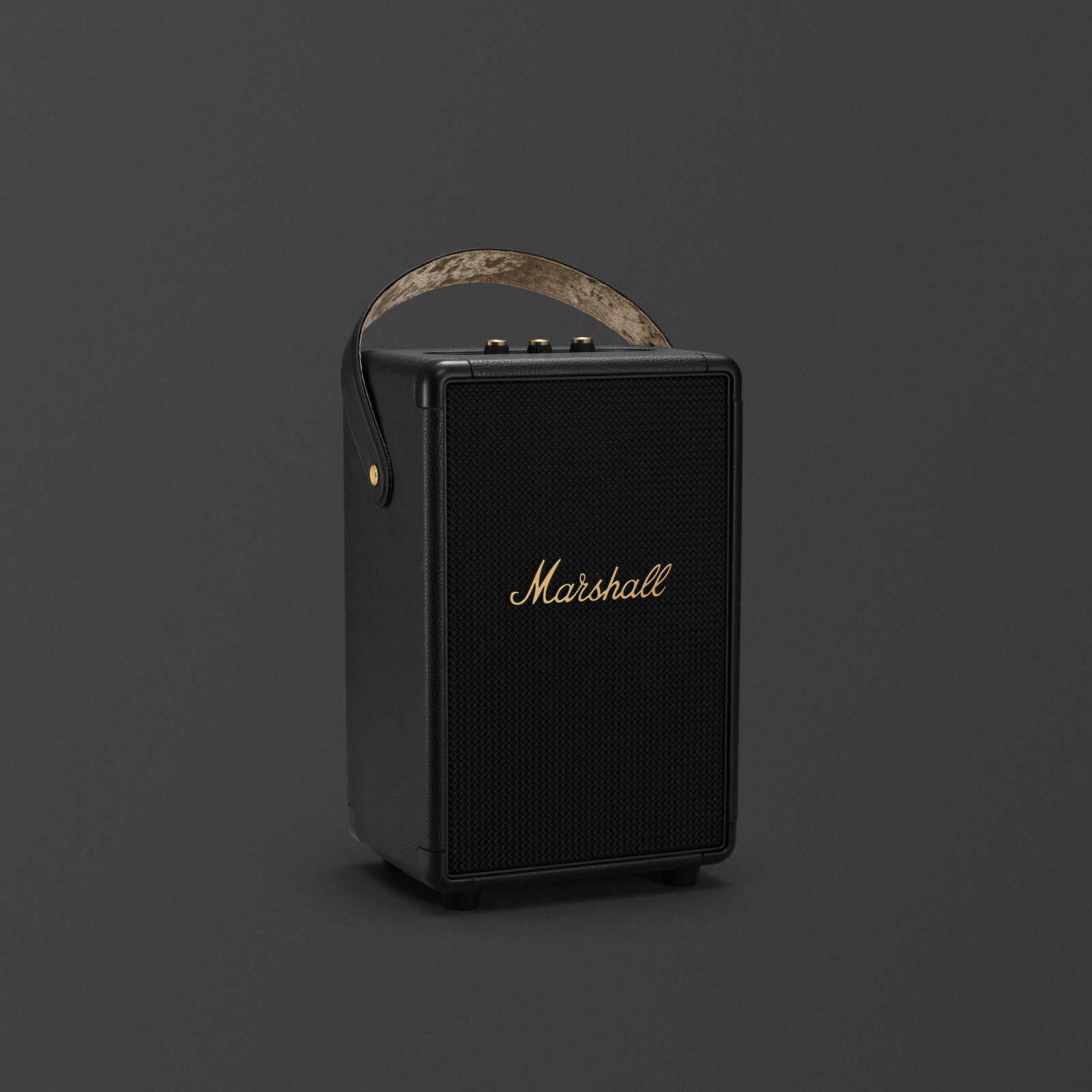 마샬 터프톤 블랙 앤 브라스 휴대용 블루투스 스피커는 강력한 오디오를 제공하는 세련되고 스타일리시한 블랙 스피커입니다.