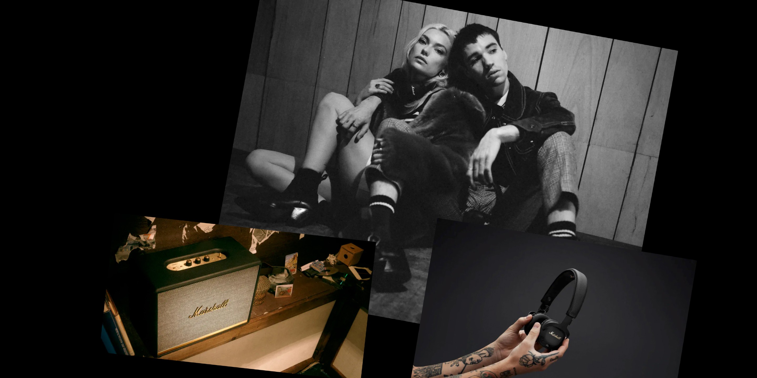 Collage de tres fotos que muestran un altavoz doméstico Marshall y unos auriculares Marshall Black.