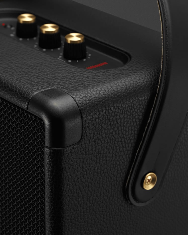 Focused image on the golden details of Marshall Tufton Black and Brass speaker.