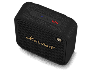 Marshall Willen II Black and Brass bluetooth speaker featuring a control buttons, and a charging indicator on top.