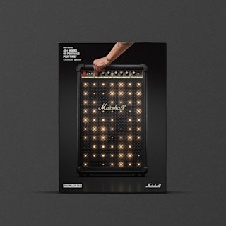 Front view of the Marshall Bromley 750 party speaker packaging against a grey background.