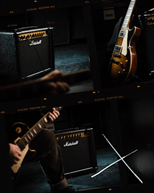 Una serie de imágenes que muestran varias guitarras y combos de amplificadores, incluyendo marcas populares como el DSL20 Combo de Marshall.