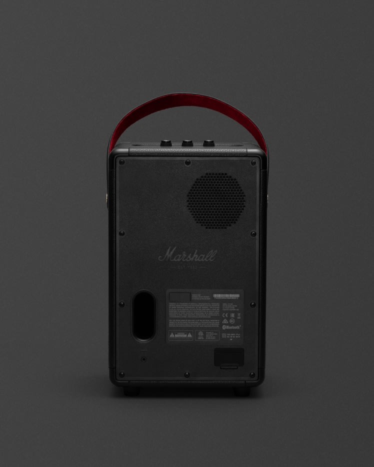 The Marshall Tufton Black speaker is a sleek and eye-catching black speaker with a touch of vibrant red.