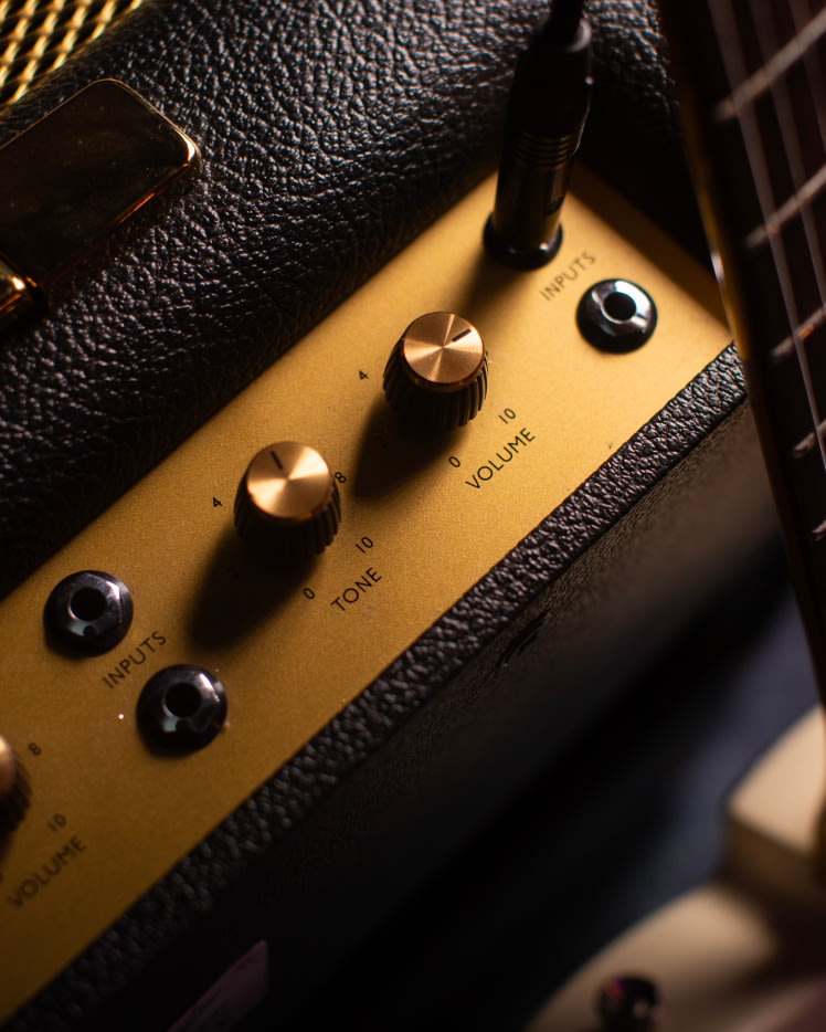 Close up on Marshall's black and gold 1974X handwired combo.