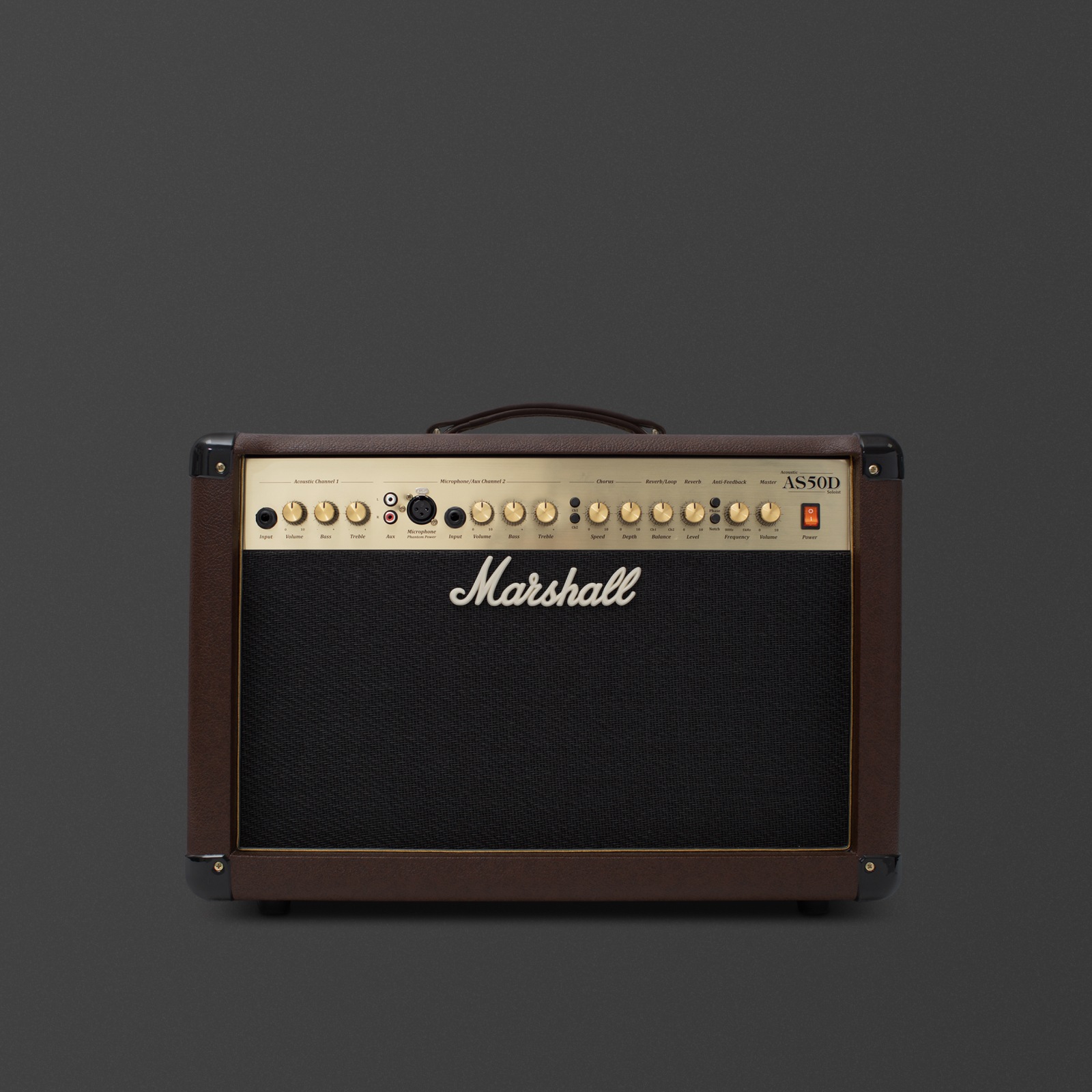 Marshall's black combo AS50D with gold knobs and brown leather.   