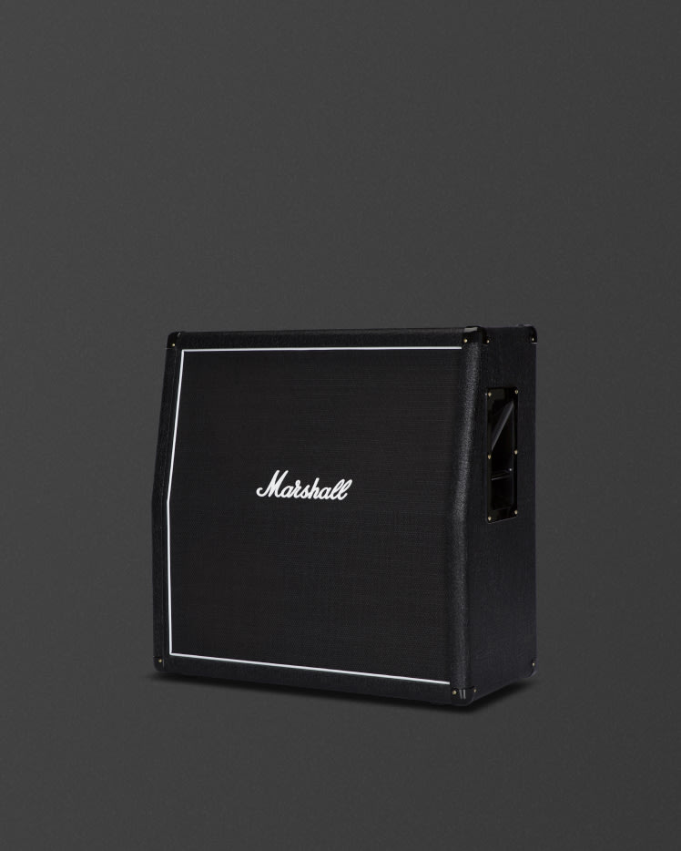 A black Marshall MX412A cabinet on a dark grey background