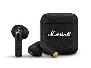 Marshall Minor IV Black トゥルー・ワイヤレス・イヤホン、テクスチャード・チャージング・ケース付き。