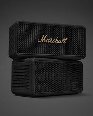 Two black Marshall Middleton II speakers stacked on top of each other.