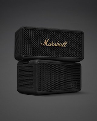 Two Marshall Middleton II Black and Brass portable Bluetooth speakers are stacked, with the top speaker displaying the iconic gold Marshall logo against a dark background.
