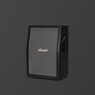 A black Marshall Origin212 angled speaker cabinet with a gray grille and brass trim, featuring the Marshall logo, is displayed against a plain dark background.