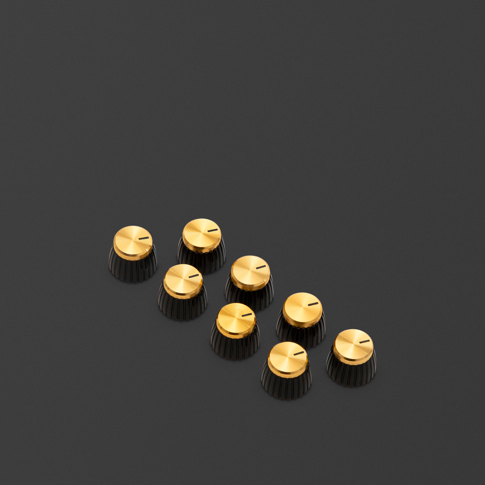 Pack de 8 perillas doradas de potenciómetros D donde el marcador apunta al lado plano del perfil D