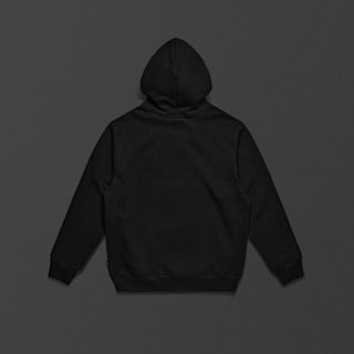 A black Standard Issue Script hooded sweatshirt is laid flat, viewed from the back, against a dark background.