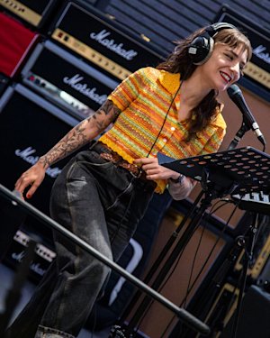 Gigi Gold recording her music at the Marshall recording Studio