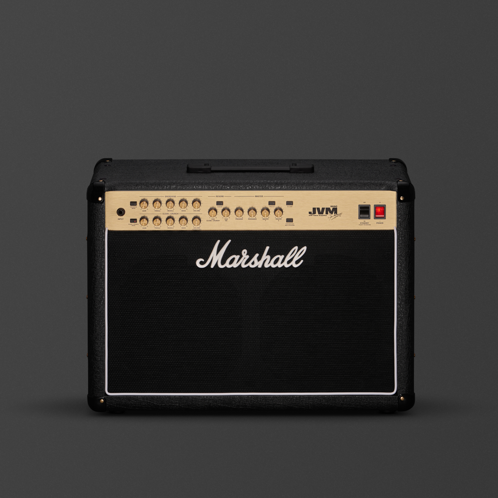 Marshall JVM205C in gold and black on grey background 
