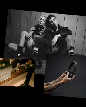 Collage of three photos showing a Marshall home speaker and a Marshall Black Headphone.