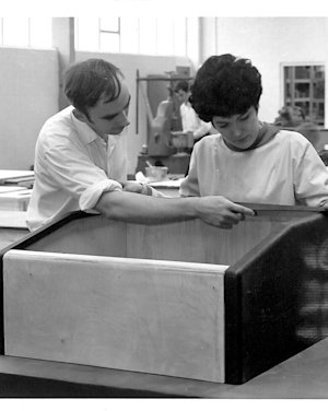 A man and a woman applying the cover to the Marshall amplifier in 1980