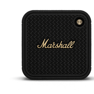 Marshall Willen II Black and Brass portable speaker features a textured pattern and the iconic "Marshall" logo.
