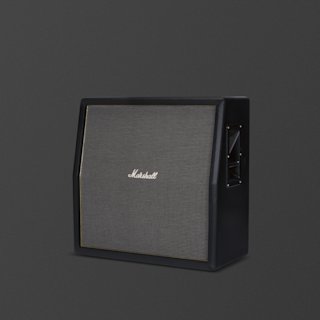 A black Marshall Origin412 angled guitar amplifier cabinet with a slanted front and mesh grille, shown against a plain dark background.