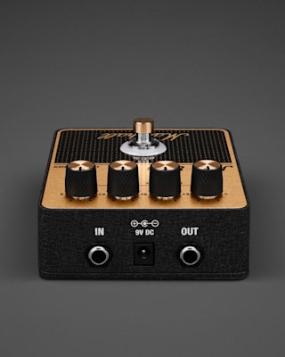 Vista superior del pedal Marshall JCM800 Overdrive mostrando la entrada y la salida.