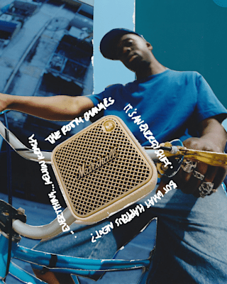 Kelvin Krash on his bicycle with Marshall Willen portabl bluetooth speaker.