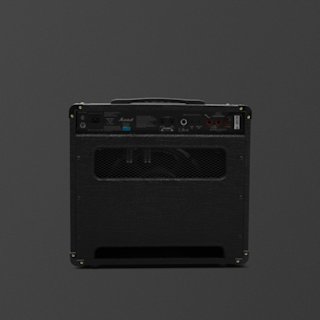 Back view of a black Marshall DSL20 guitar amplifier combo against a plain dark background, displaying various input and output ports and a visible internal speaker.