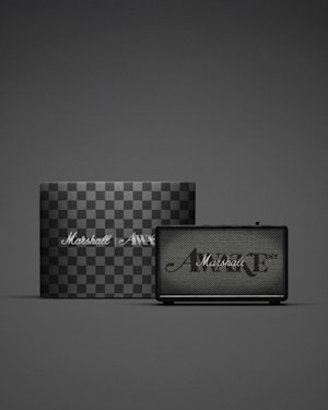 Marshall Acton III Awake NY Edition displayed next to its matching patterned box on a gray background, highlighting its limited edition design.