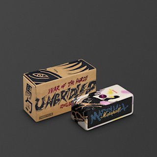 A Marshall Emberton III Lunar New Year Edition 2026 speaker with custom graphic design sits next to its brown "Year of the Horse Unbridled" printed box against a gray background.