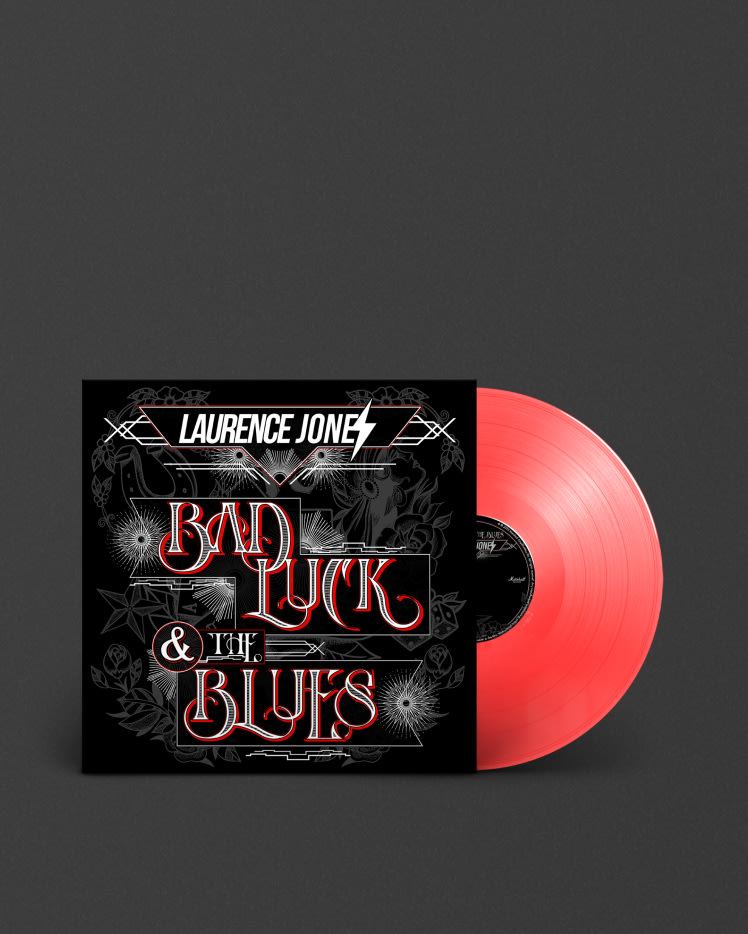 Image of a red vinyl named "Bad luck & the Blues" by Laurence Jones.