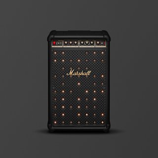 Altavoz portátil Marshall Bromley 750 negro para fiestas con ruedas, asa y rejillas de ventilación laterales sobre un fondo oscuro liso.