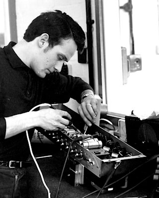 Black and white photo of a man at the original Marshall UK factory in Milton Keynes