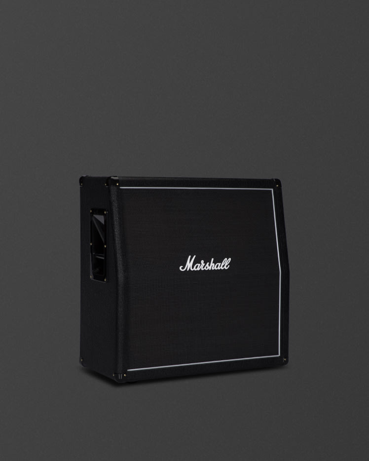 A black Marshall MX412A cabinet seen from the side on a dark grey background