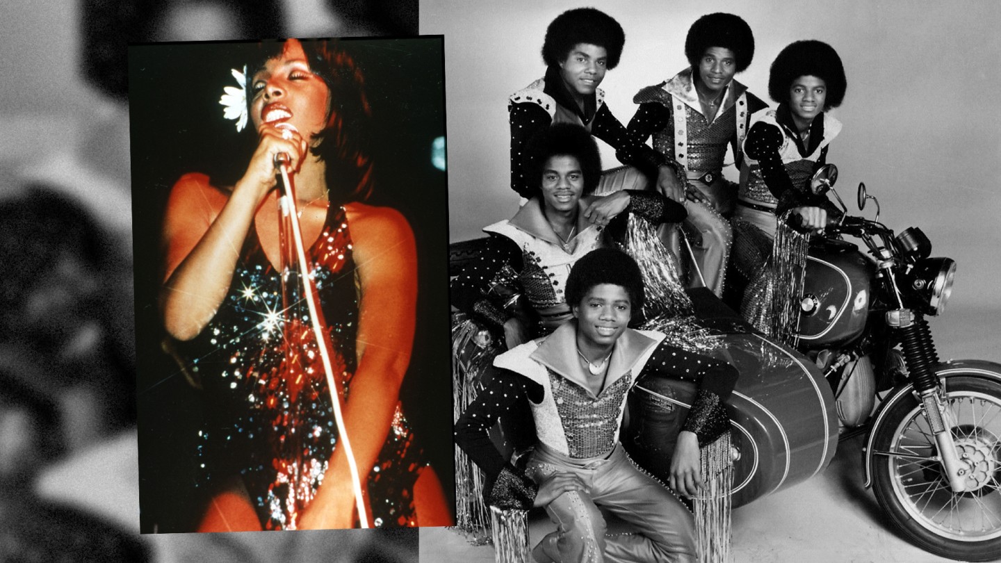 A collage of two vintage images: one featuring a woman singing into a microphone and the other showing a group of male performers in elaborate costumes.