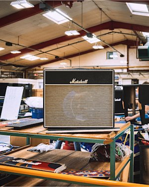 The Marshall 1974x Handwired Combo amplifier on top of a shelf in the UK factory