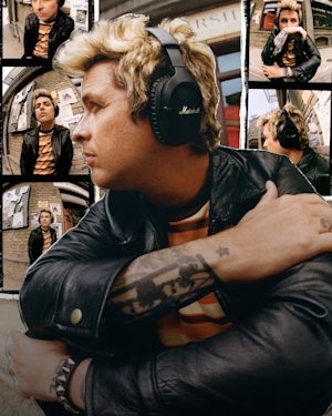 A collage of multiple images of Billie Joe Armstrong in front of a building.