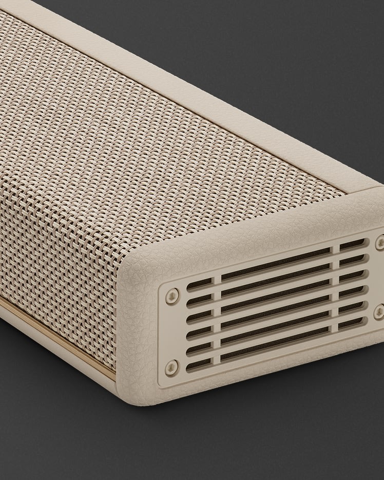 Close-up of the Marshall Heston 60 Cream soundbar.