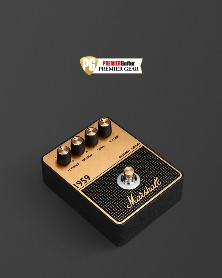 Angled image of the Marshall 1959 Overdrive pedal with the Premier Gear Award logo