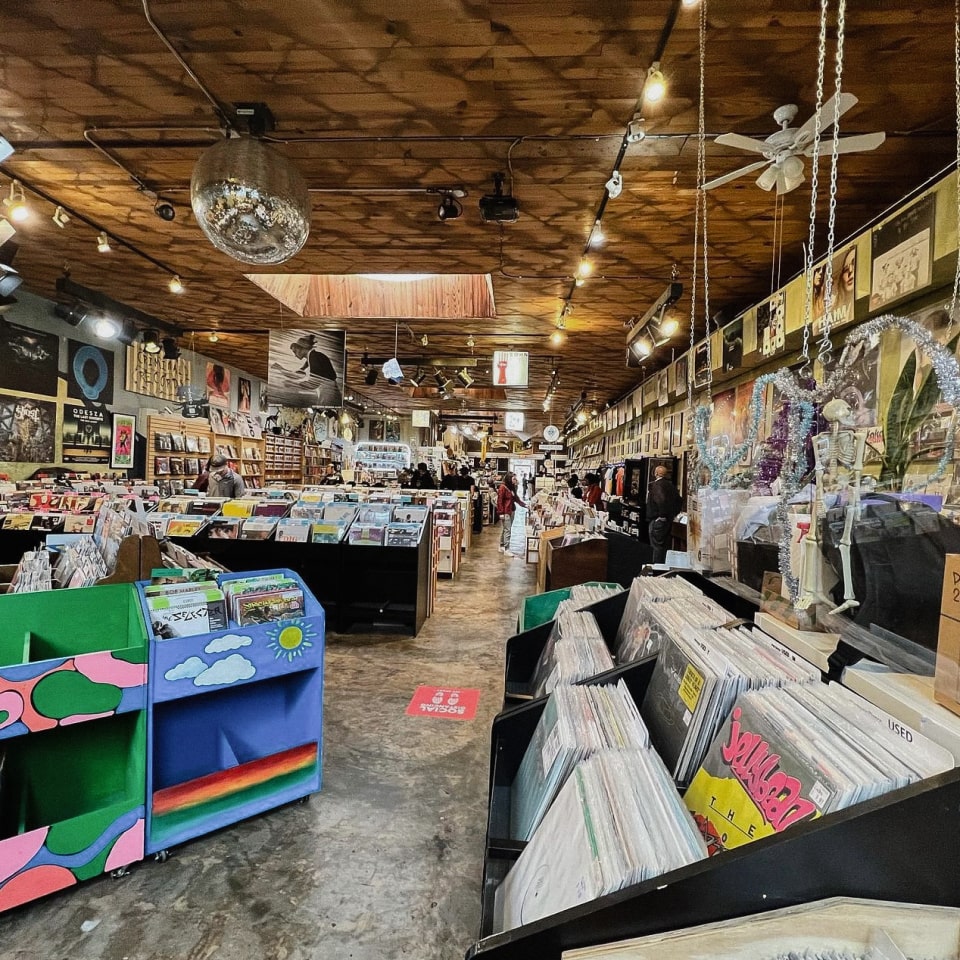 The interior of a record store.