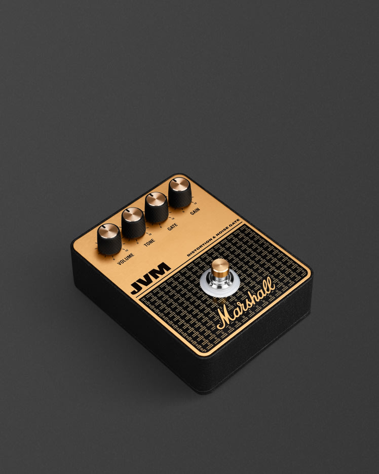 The Marshall JVM Overdrive pedal seen from the front.