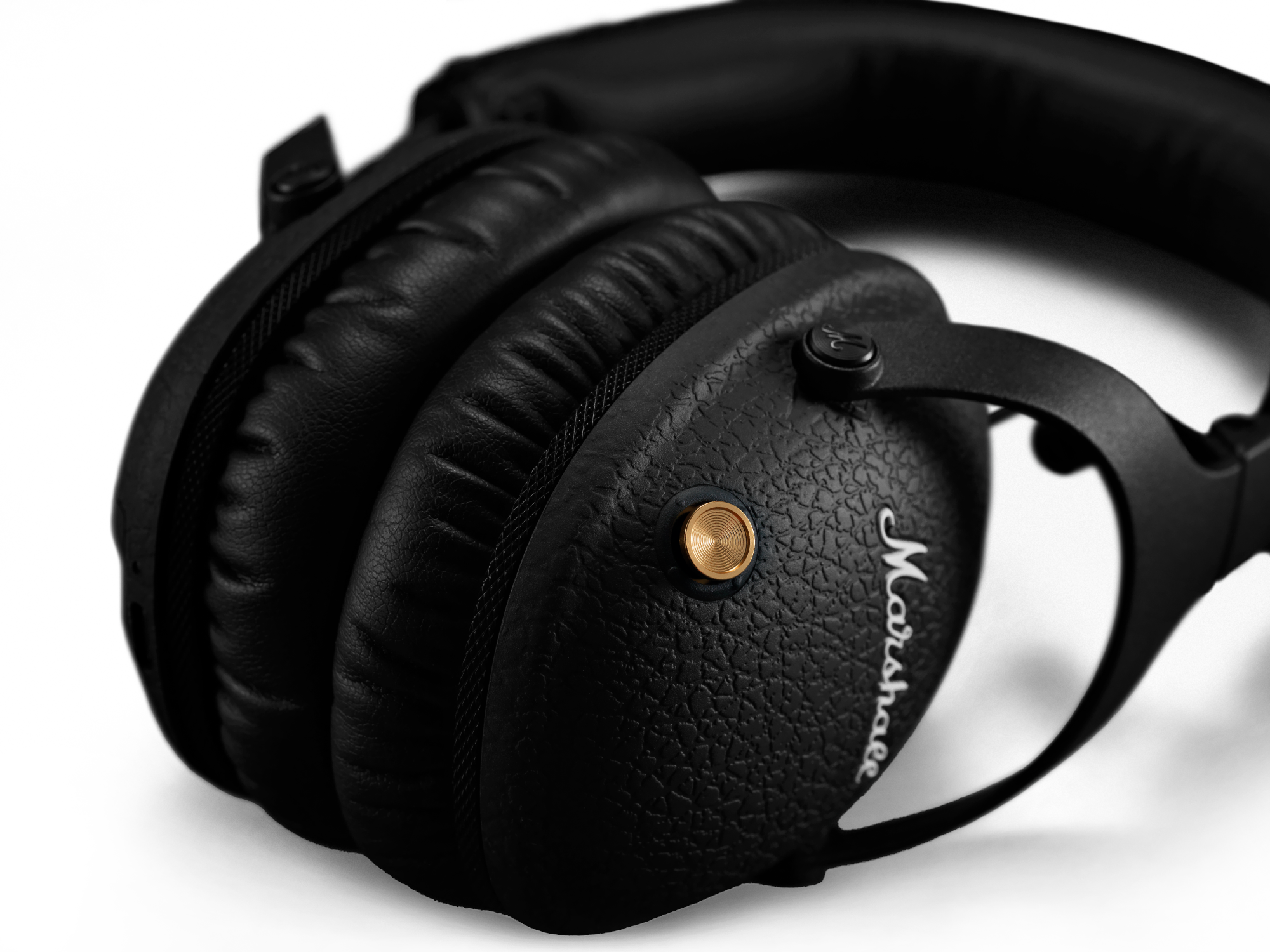 A pair of black Marshall MONITOR II ANC headphones on a black background.