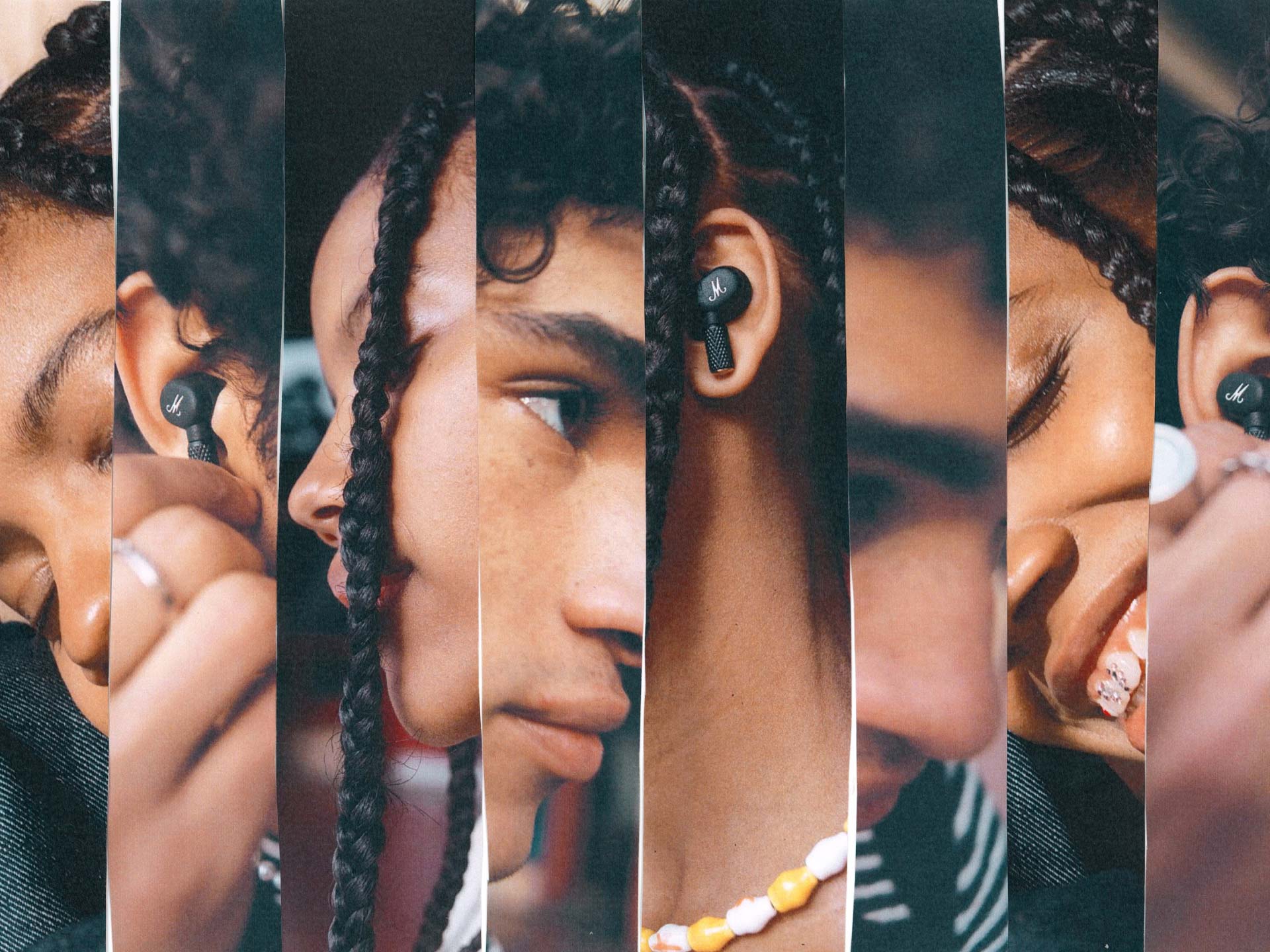 Four pictures of a woman with braids on her hair listening music on her Marshall Headphones.