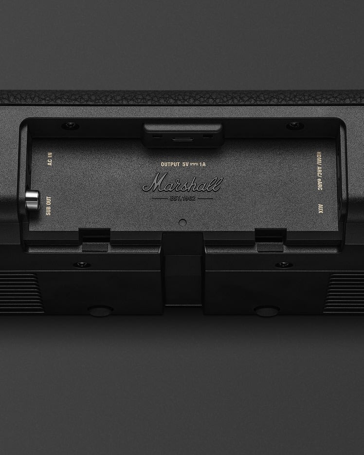 Close-up of the back panel of the Marshall Heston 60 Black soundbar.