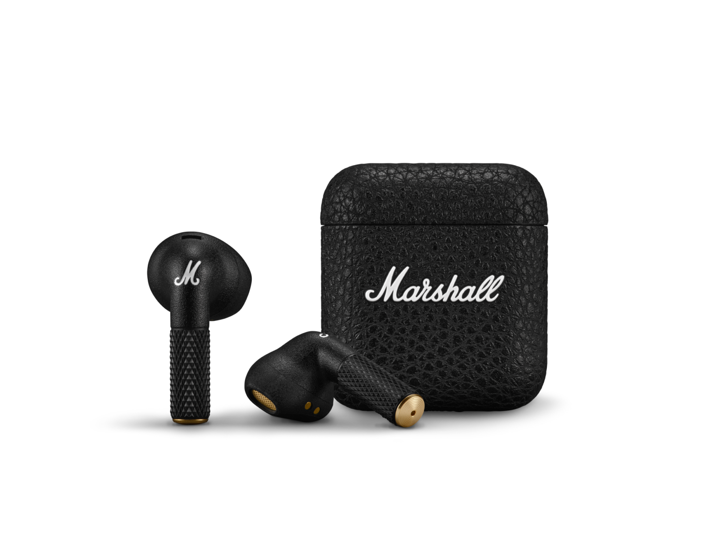 Marshall Minor IV Black earbud nirkabel sejati dengan wadah pengisi daya bertekstur.