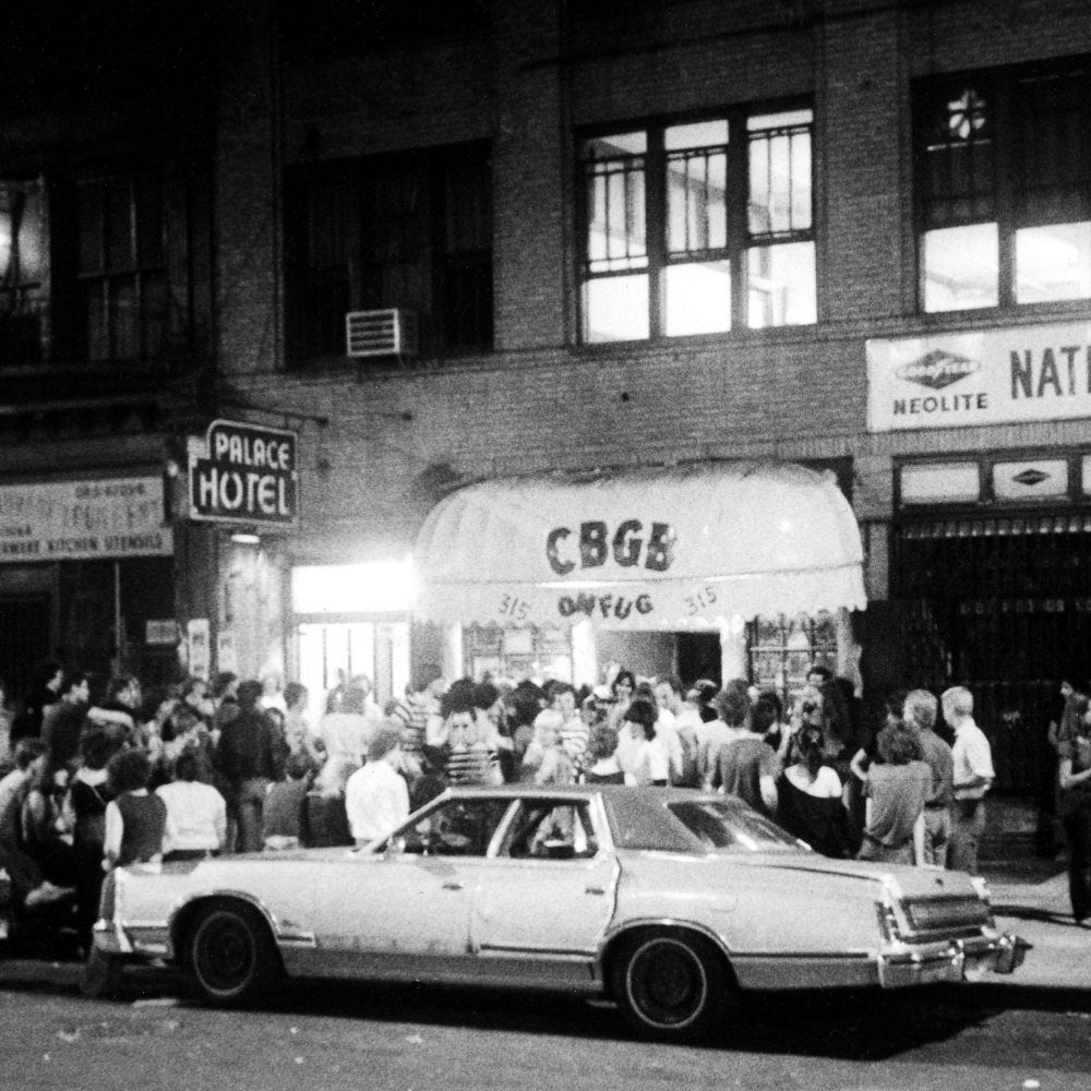 A crowd forms outside iconic New York venue CBGB.