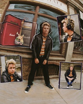 Collage of 5 different photos of Billie Joe Armstrong sitting at the front stairs of a bricked house.